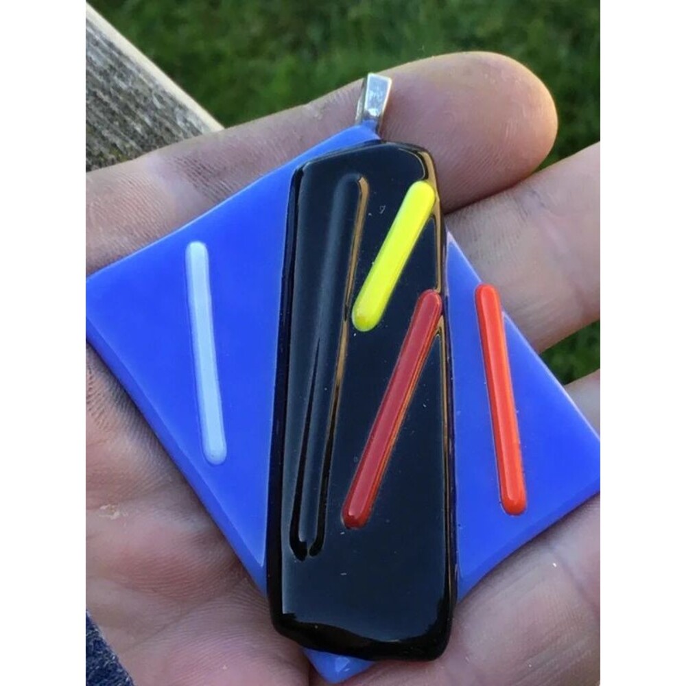 Blue Iridescent Fused Glass Pendant – Abstract Art Jewelry